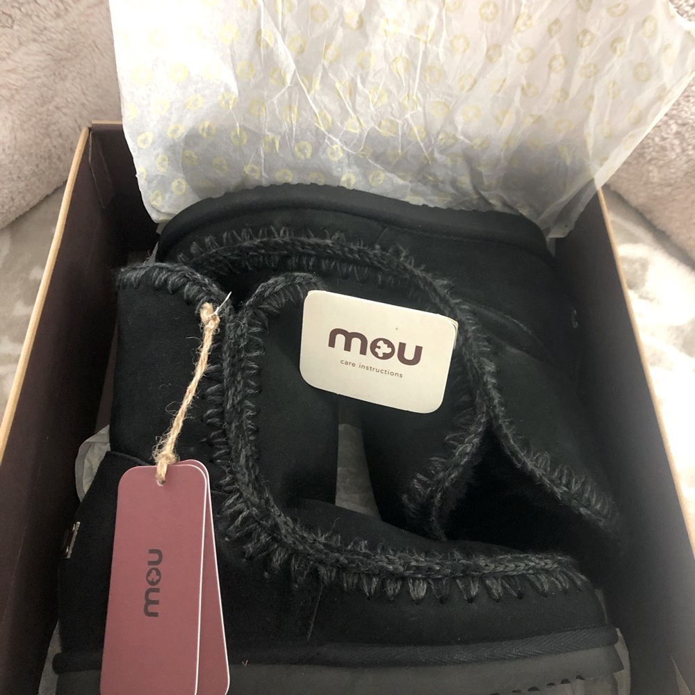MOU Black Eskimo Inner Wedge Short Boots
New In Box
